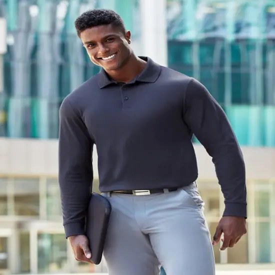 Devon & Jones&reg; CrownLux Performance Men's Plaited Long Sleeve Polo True Royal {5}