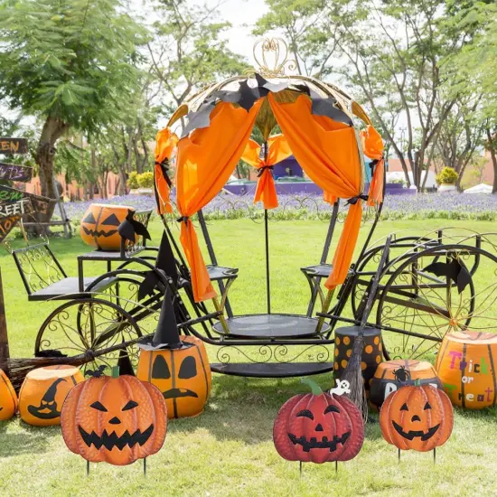 Halloween Decorations: 34" Garden Stakes with 3 Pumpkins & Jack O Lantern - Red {6}