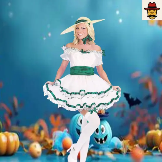 Womens Southern Belle Costume White Dress with Green Ribbon Trim Halloween Party {1}