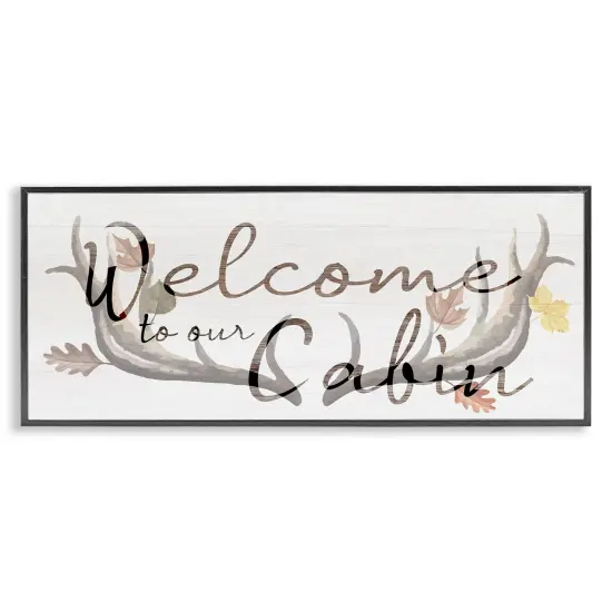 Welcome Cabin Deer Antlers Framed Giclee Art Black {1}