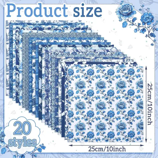 60 Pcs 10 x 10 Inch Blue and White Quilting Precut Fabric Squares {2}