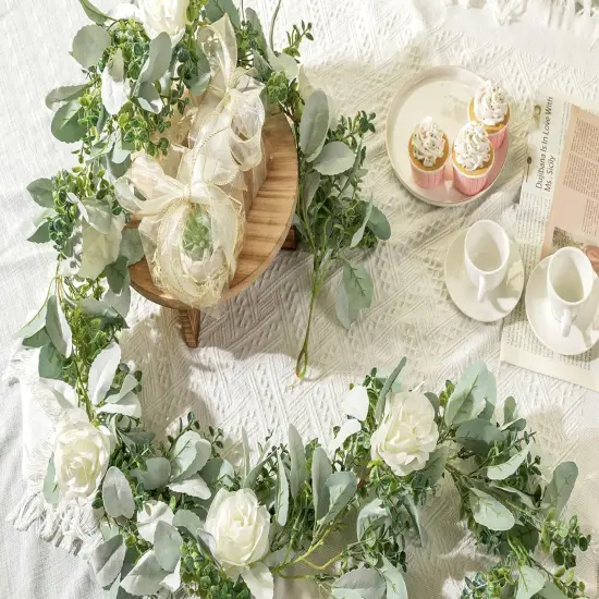 Lambs Ear Greenery White Roses Flower Garland Fake Vines for Wedding {5}