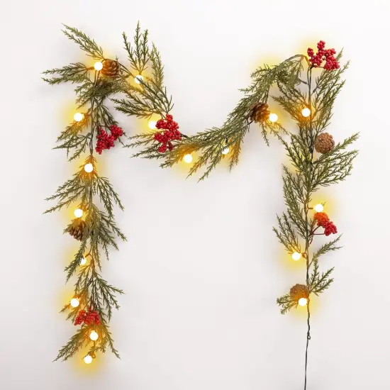 Christmas Garland with Lights, 6FT Artificial Red Berry Xmas Garland and Pinecones {3}