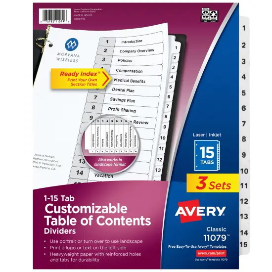 Avery Dividers for 3 Ring Binders, 15 Tabs per Set, Customizable Table of Contents, Classic White Tabs (3 Sets of 11079) {1}