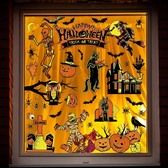 9 Sheet Halloween Window Clings Witch Black Cat Pumpkin Ghost Skull {2}