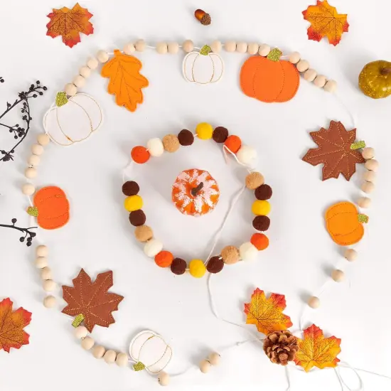 2 Pcs Felt Pumpkin Leaves Garland and Wood Bead - Orange and White {4}