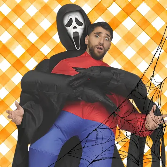 Adults Inflatable Piggyback Ghost Face Costume with Fan and Halloween Crowd {4}