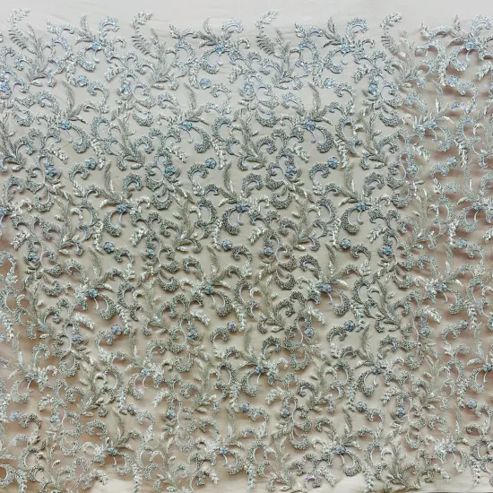 1 Yard Champagne Beaded Lace Fabric Embroidered on Polyester Mesh, 53" Wide {4}