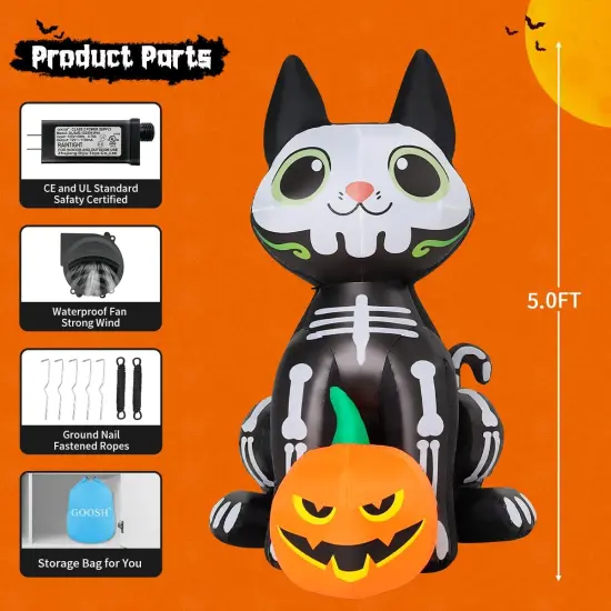 5 FT Halloween Inflatables - Skeleton Cat with Pumpkin Built-in LEDs {5}