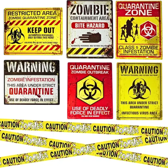 4E's Novelty Halloween Zombie Warning Signs with 20ft Caution Tape &ndash; 6 Pack 11x14 Creepy Posters for Indoor Outdoor Haunted House, Graveyard, Front Yard, Door, Wall, Garden, Balcony Party Decor {1}