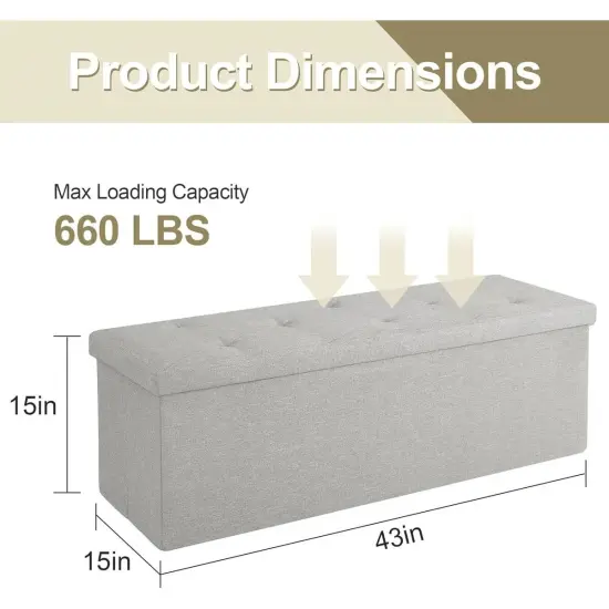 Rectangular Linen Storage Bench Ottoman for Bedroom Living Room and Hallway Organization Light Grey {2}