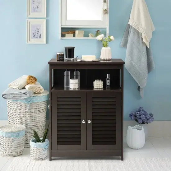 Bathroom Floor Cabinet with Louvered Doors and Open Shelf, Adjustable Storage Organizer Brown {5}