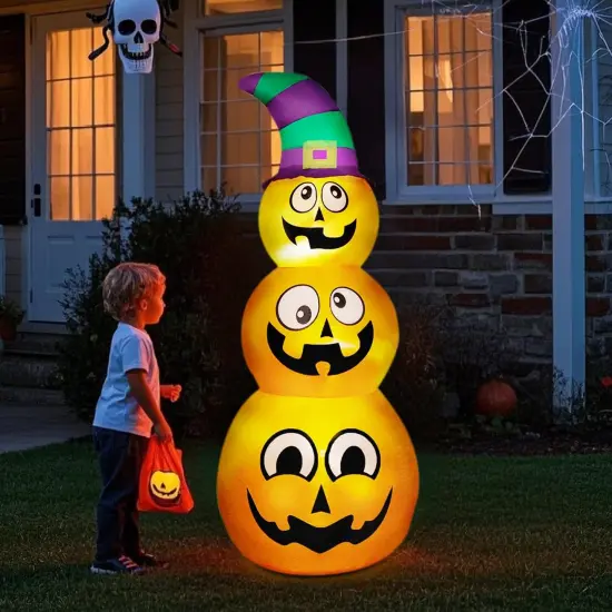 Halloween Inflatables Stacked Pumpkins with Witch Hat {1}
