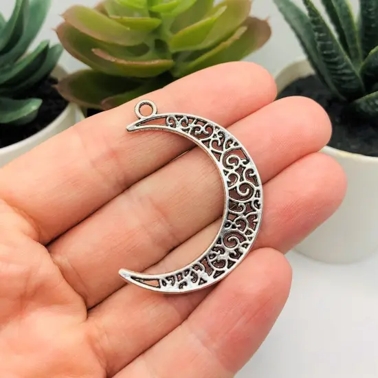 Antique Silver Crescent Scroll Moon Charms, 40x29mm {3}