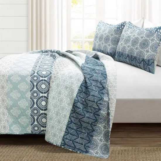 3-Piece Lightweight Bohemian Quilt Set with Reversible Blue Damask and Geometric Prints {2}
