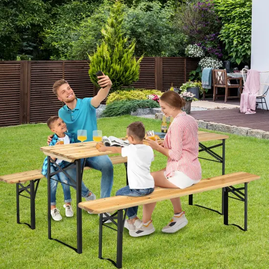 Costway 3 PCS Beer Table Bench Set Folding Wooden Top Picnic Table Patio Garden {5}