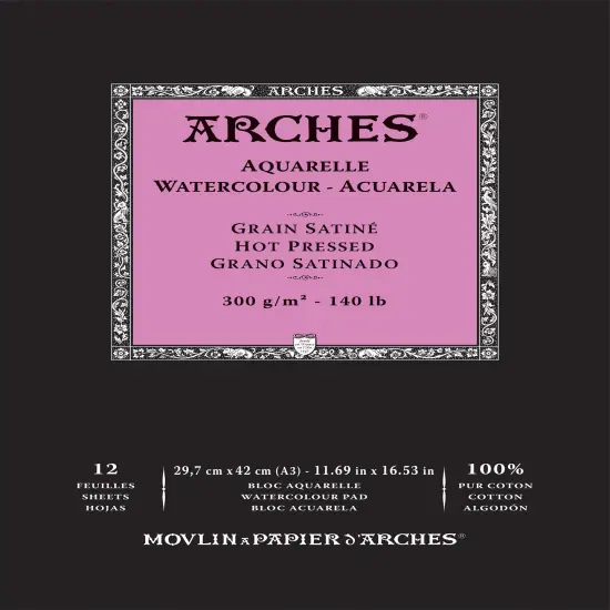 Arches Aquarelle Hot Pressed Watercolor Pad 11.69"X16.53"- 140lb, 12 Sheets {1}