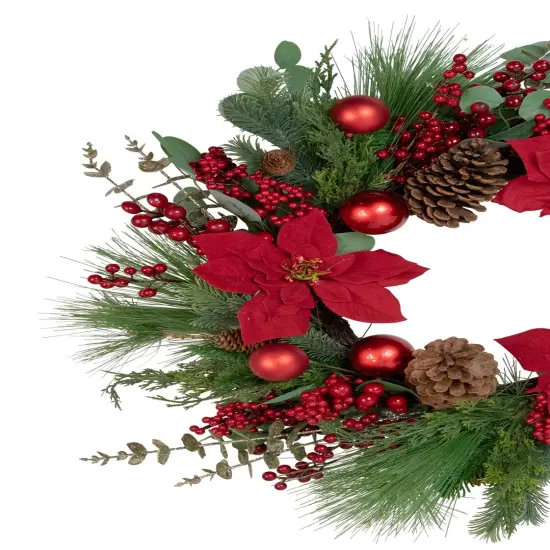 Northlight Artificial Red Berry and Poinsettia Christmas Wreath, 28-Inch, Unlit Green {6}