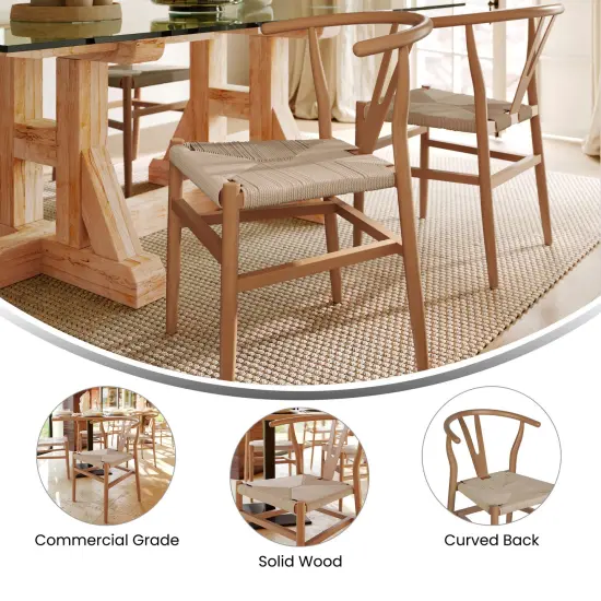 Merrick Lane Staci Stack Dining Chair with Y-Back Style Design, Solid Wood Frame, Woven Kraft Paper Rope Seat BlackFrame/Natural {10}