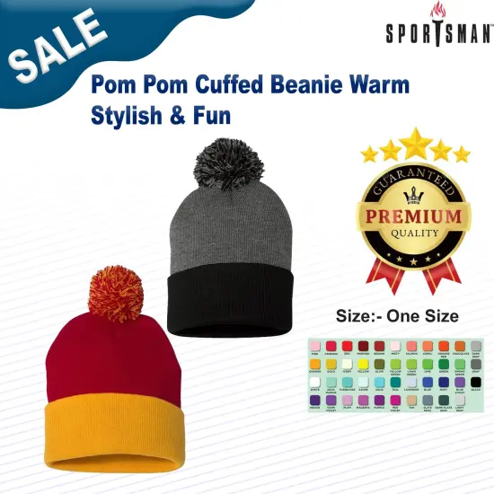 Sportsman&reg; Pom Pom Cuffed Beanie Warm Stylish & Fun Forest/ Gold {3}