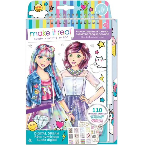 Make It Real: Fashion Design Sketchbook: Digital Dream - Includes 110 Stickers & Stencils, Draw Sketch & Create, Fashion Coloring Book, Tweens & Girls, Kids Ages 6+ {1}