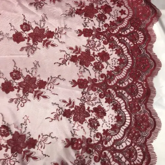 1 Yard Burgundy Sequin Lace Fabric, 100% Polyester Embroidered Mesh for Evening Wear & Bridal 51&Prime; Wide {1}