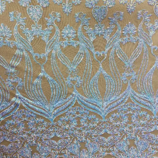 1 Yard Iridescent Blue Damask Lace Fabric Embroidered Mesh for Evening Gowns & Home Decor 48-50&rdquo; Wide {1}