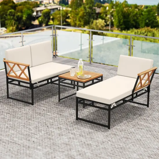 Costway 3 PCS L-Shaped Patio Furniture Set with Loveseat Square Coffee Table Soft Back {4}