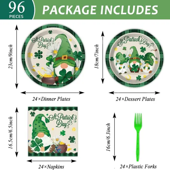 96 Pcs St. Patrick&rsquo;s Day Plates and Napkins Green Shamrock Gnome Lucky Tableware Set Irish Festival Party Supplies Table Decorations for 24 Guests {2}