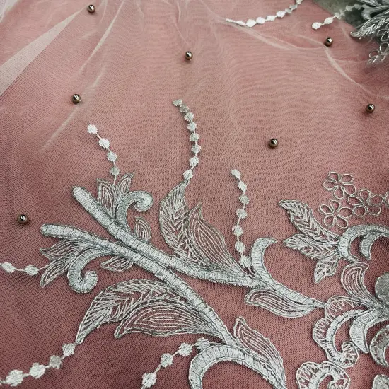 1 Yard Exquisite Beaded and Corded Bridal Lace Fabric Embroidered on 100% Polyester Net Mesh 54" Width Silver {4}
