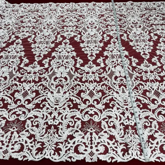1 Yard White Corded Bridal Lace Fabric, Embroidered Polyester Mesh, 53" Wide, Elegant Wedding Fabrication {1}