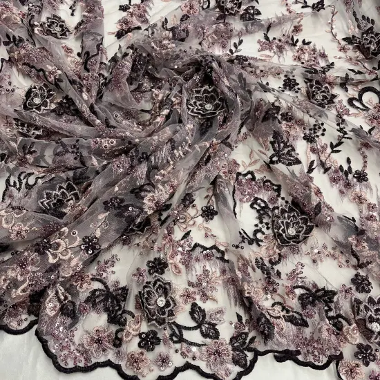 1 Yard Beaded Rhinestone 3D Floral Lace Fabric for Bridal Dresses Dance Costumes 50" Width Purple {7}