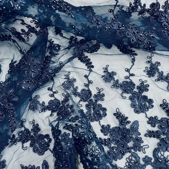 1 Yard Elegant Beaded and Corded Lace Fabric Embroidered on Polyester Net Mesh 54" Width Navy {2}