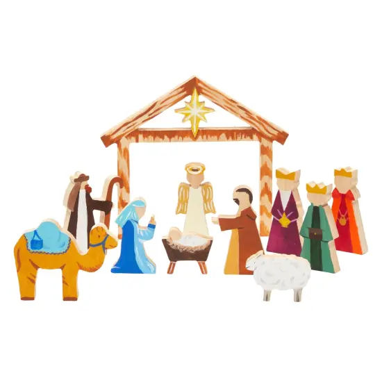 Unfinished Wooden Nativity Scene Set, DIY Christmas Decoration Crafts (11 Pieces) Brown {4}
