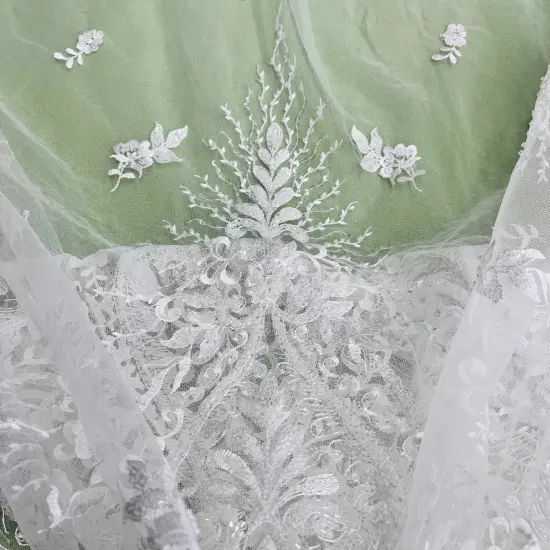 1 Yard Beaded Lace Fabric Embroidered on 100% Polyester Net Mesh - 54" Wide, Elegant Bridal & Dressmaking Fabric White {4}