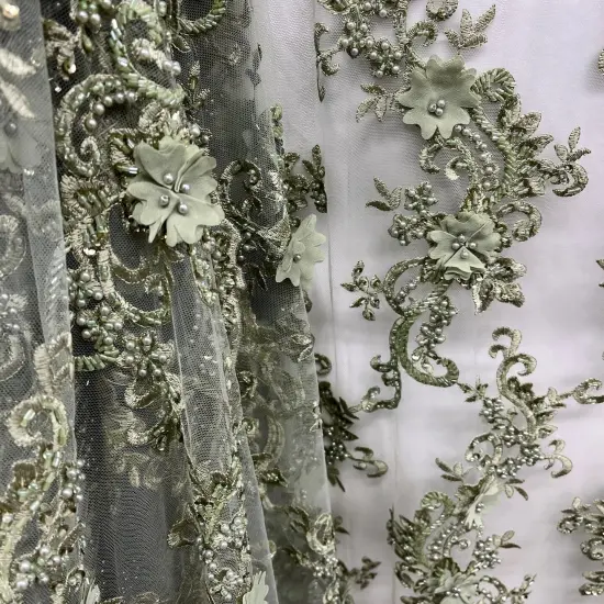 1 Yard Sage 3D Beaded Floral Embroidered Lace Fabric on Polyester Mesh, 52&rdquo; Wide Peach {2}