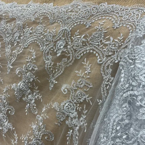 1 Yard Elegant Corded Bridal Lace Fabric Embroidered on 100% Polyester Net Mesh 52" Width Silver Metallic {4}