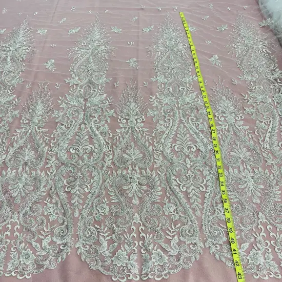 1 Yard Beaded Lace Fabric Embroidered on 100% Polyester Net Mesh - 54" Wide, Elegant Bridal & Dressmaking Fabric White {6}
