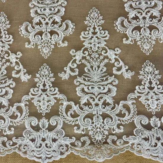 1 Yard Beaded & Corded Embroidered Bridal Lace Fabric, 52&rdquo; Wide Polyester Mesh Net Dark Ivory {4}