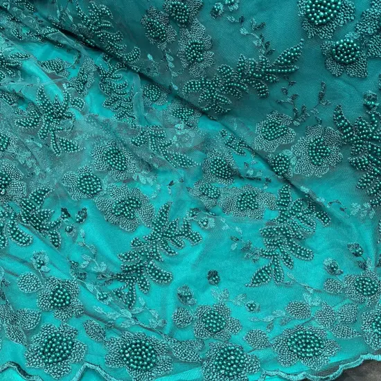 1 Yard Jade Beaded Lace Fabric with Pearls Embroidered on 100% Polyester Net Mesh 52" Width {2}