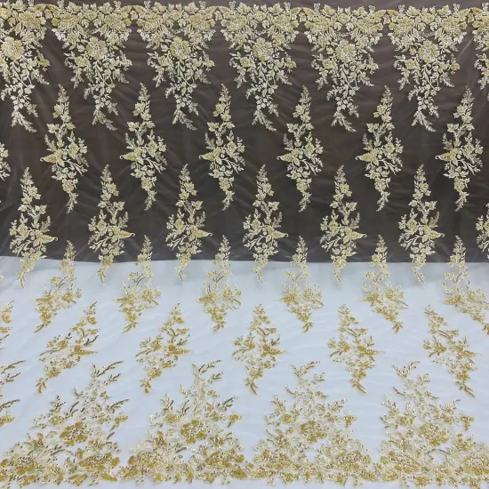 1 Yard Beaded & Sequined Embroidered Lace Fabric on 100% Polyester Mesh, 52" Wide Silver {5}