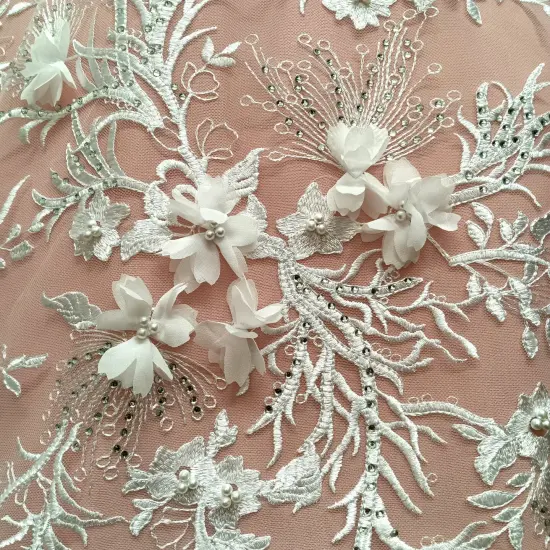 1 Yard White Elegant Beaded and Rhinestone 3D Floral Lace Fabric Embroidered on 100% Polyester Net Mesh 52 inch Width {1}