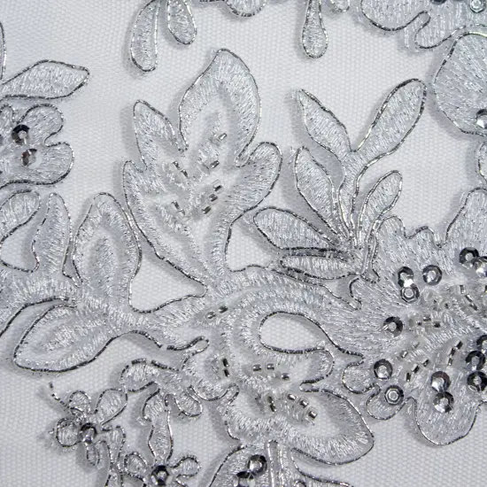 1 Yard Elegant Beaded and Corded Bridal Lace Fabric Embroidered on 100% Polyester Net Mesh 52 inch Width Silver {6}