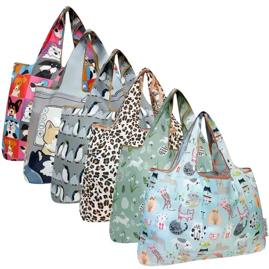 Wrapables Large Foldable Tote Nylon Reusable Grocery Bags, 6 Pack, Pet Parade {1}