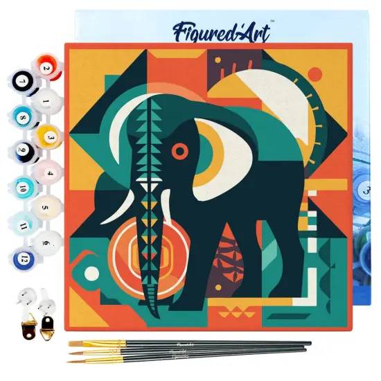 Figured'Art Mini Paint by Numbers Kit for Adults with Frame Elephant Art-Deco Inspired Abstract Small format 8"x8" - Craft Art Painting DIY Canvas Already Stretched on a Wooden Frame {1}
