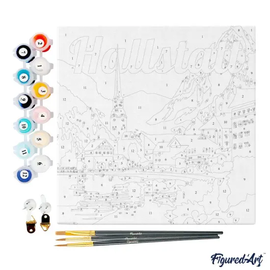 Figured'Art Mini Paint by Numbers Kit for Adults with Frame Travel Poster Hallstatt Small format 8"x8" - Craft Art Painting DIY Canvas Already Stretched on a Wooden Frame {4}