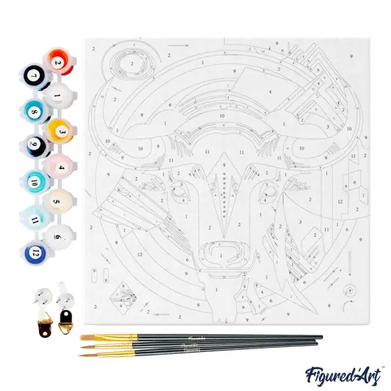Figured'Art Mini Paint by Numbers Kit for Adults with Frame Bull Art-Deco Inspired Abstract Small format 8"x8" - Craft Art Painting DIY Canvas Already Stretched on a Wooden Frame {4}