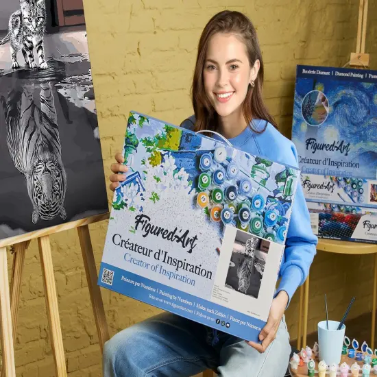 Figured'Art Paint by Numbers for Adults with Frame Kitten Reflective Tiger 16"x20" - Craft Art Painting DIY Kit Canvas Already Stretched on a Wooden Frame {2}