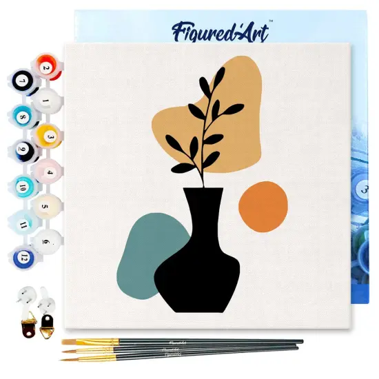 Figured'Art Mini Paint by Numbers Kit for Adults with Frame Abstract Plant Pot Set 1 of 3 Small format 8"x8" - Craft Art Painting DIY Canvas Already Stretched on a Wooden Frame {1}