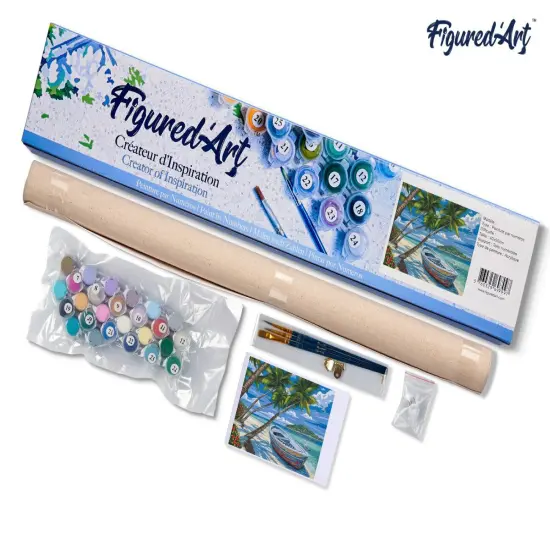 Figured'Art Paint by Numbers for Adults Boat under the Coconut trees 16"x20" - Craft Art Painting DIY Kit Rolled Canvas without frame {5}